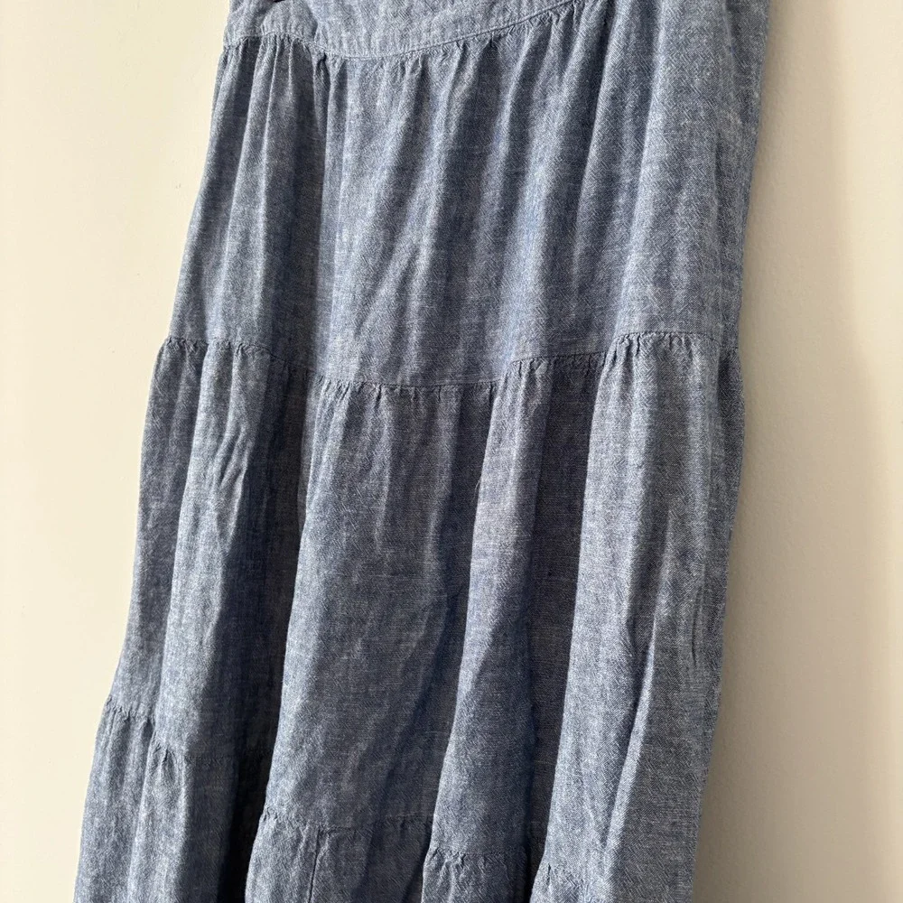 Linen Blend Tiered Chambray Midi Skirt Blue Size M Coastal Cowgirl Western Boho - Picture 5 of 9